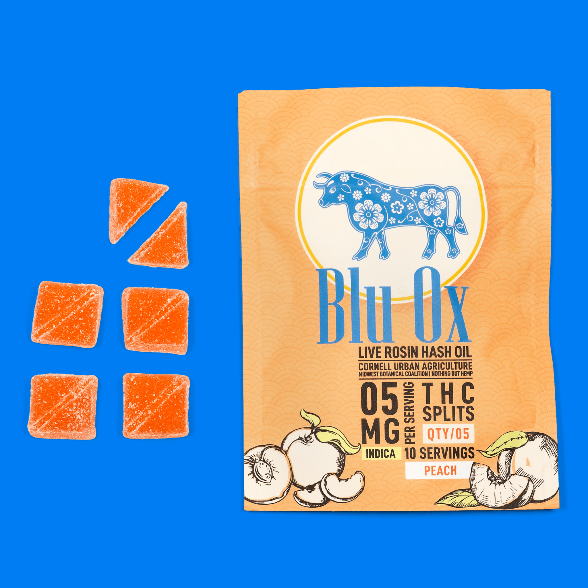 Live Rosin Indica Gummies | 10mg THC Splits | Peach | 5 Pack | 10 Servings