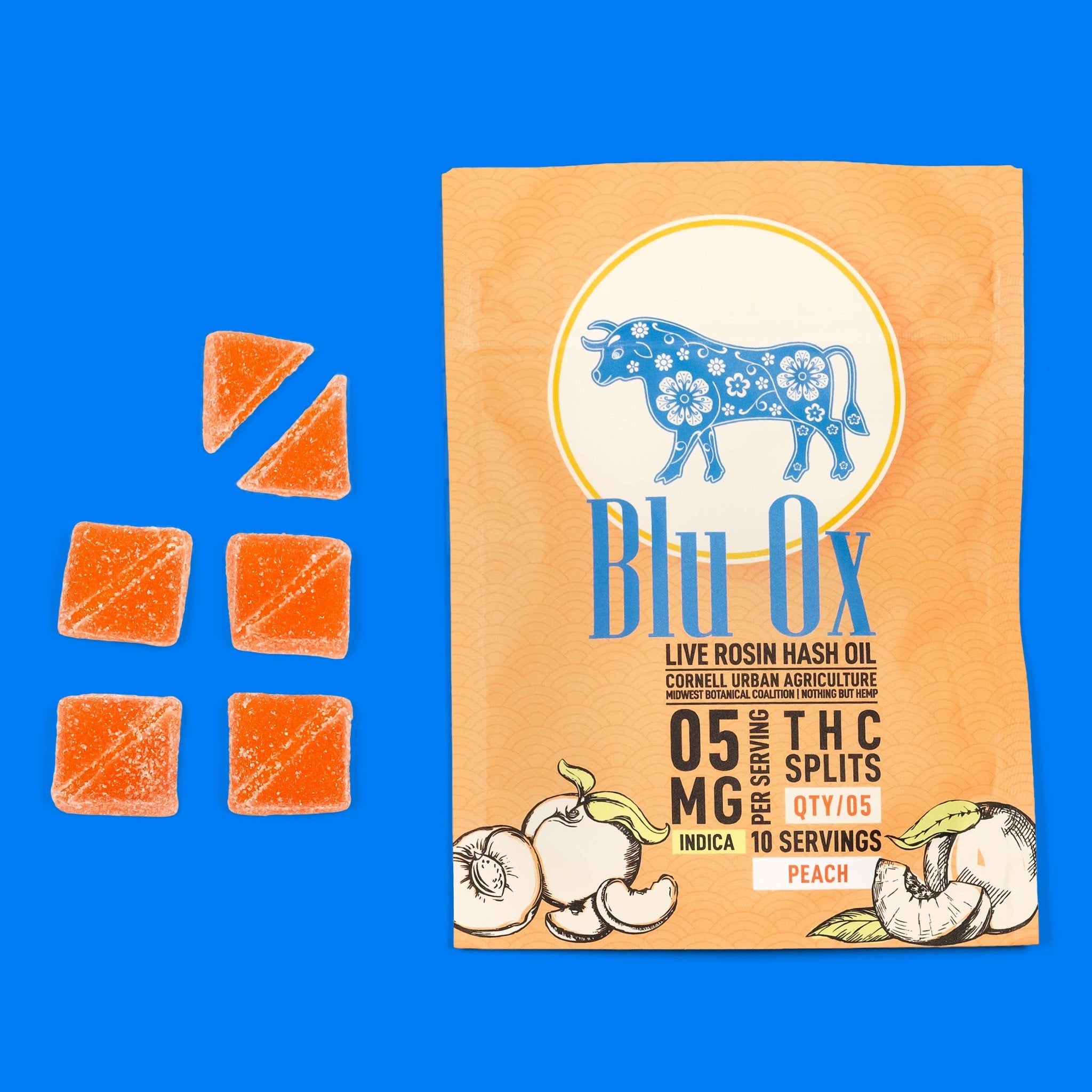 Live Rosin Indica Gummies | 10mg THC Splits | Peach | 5 Pack | 10 Servings