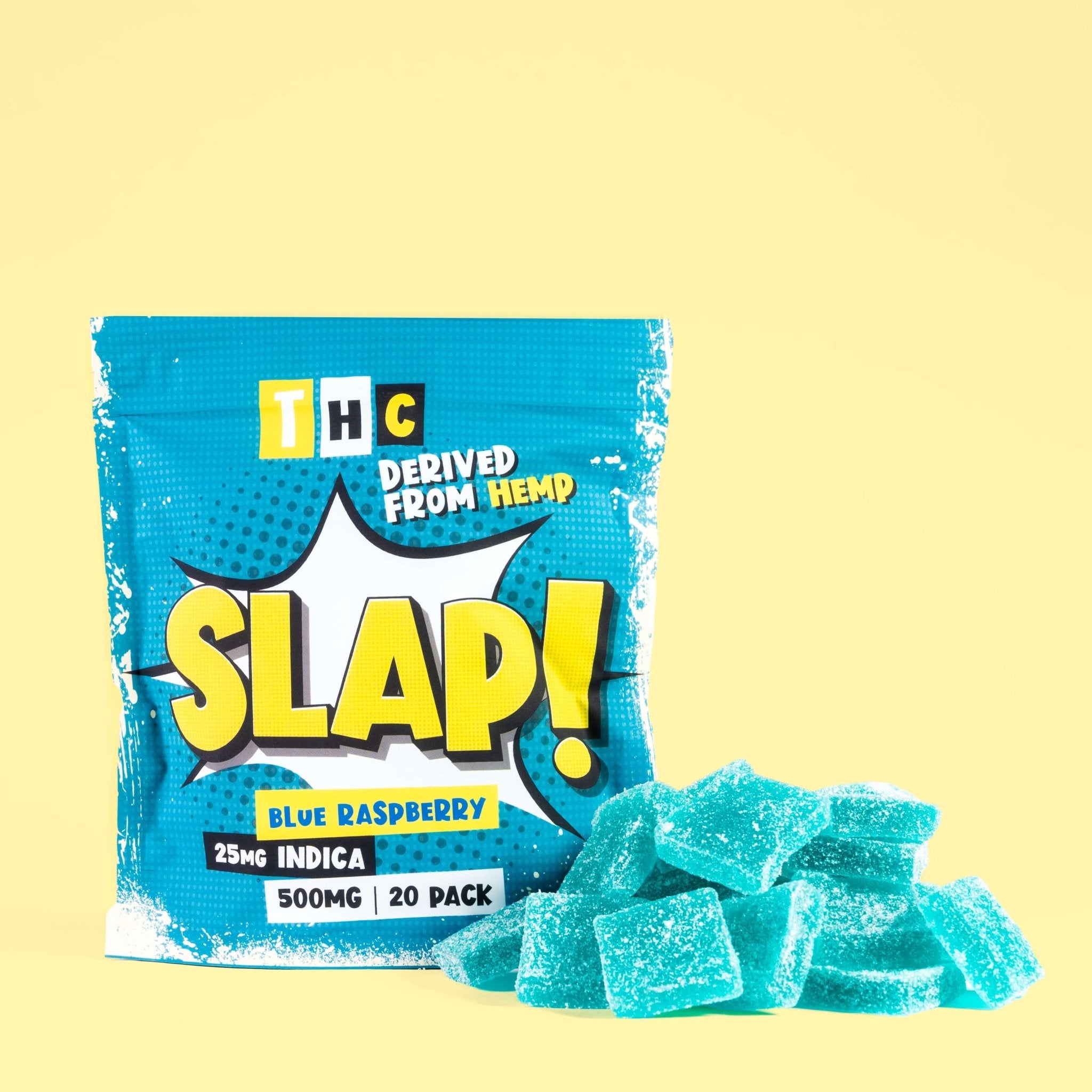 Slap! Blue Raspberry Indica THC Gummies | 25mg Each | 500mg Total | 20 Pack