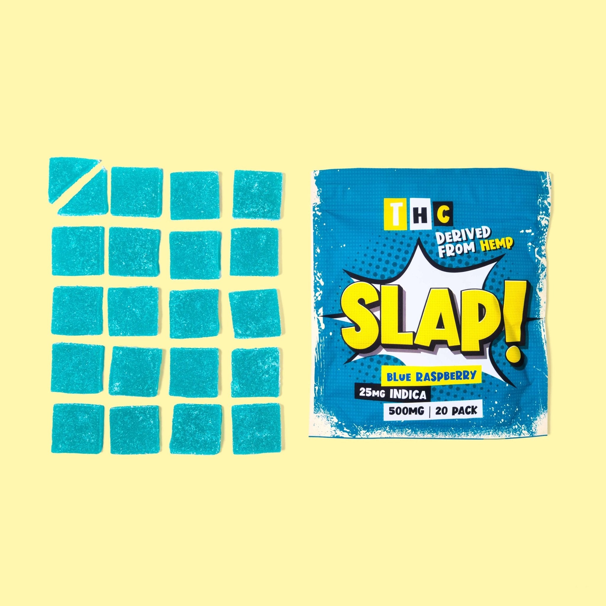 Slap! Blue Raspberry Indica THC Gummies | 25mg Each | 500mg Total | 20 Pack