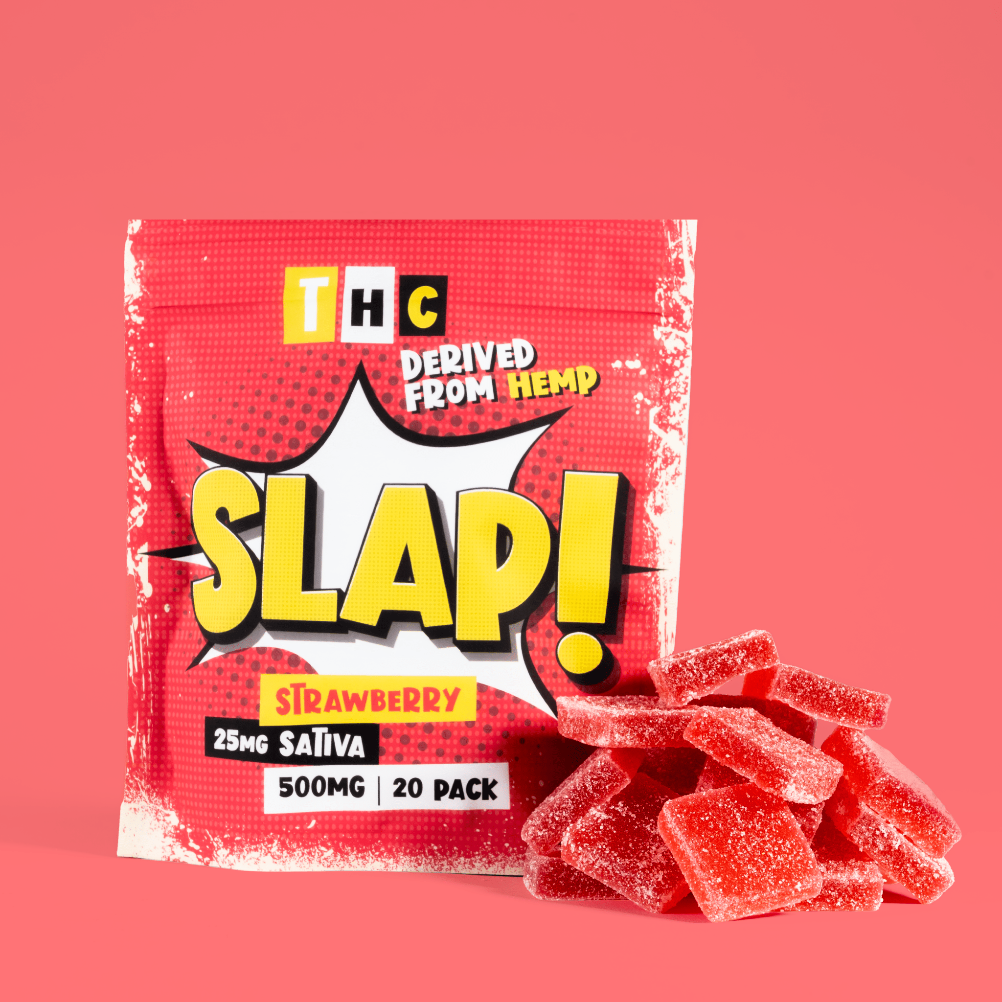 Slap! Strawberry Sativa THC Gummies | 25mg Each | 500mg Total | 20 Pack