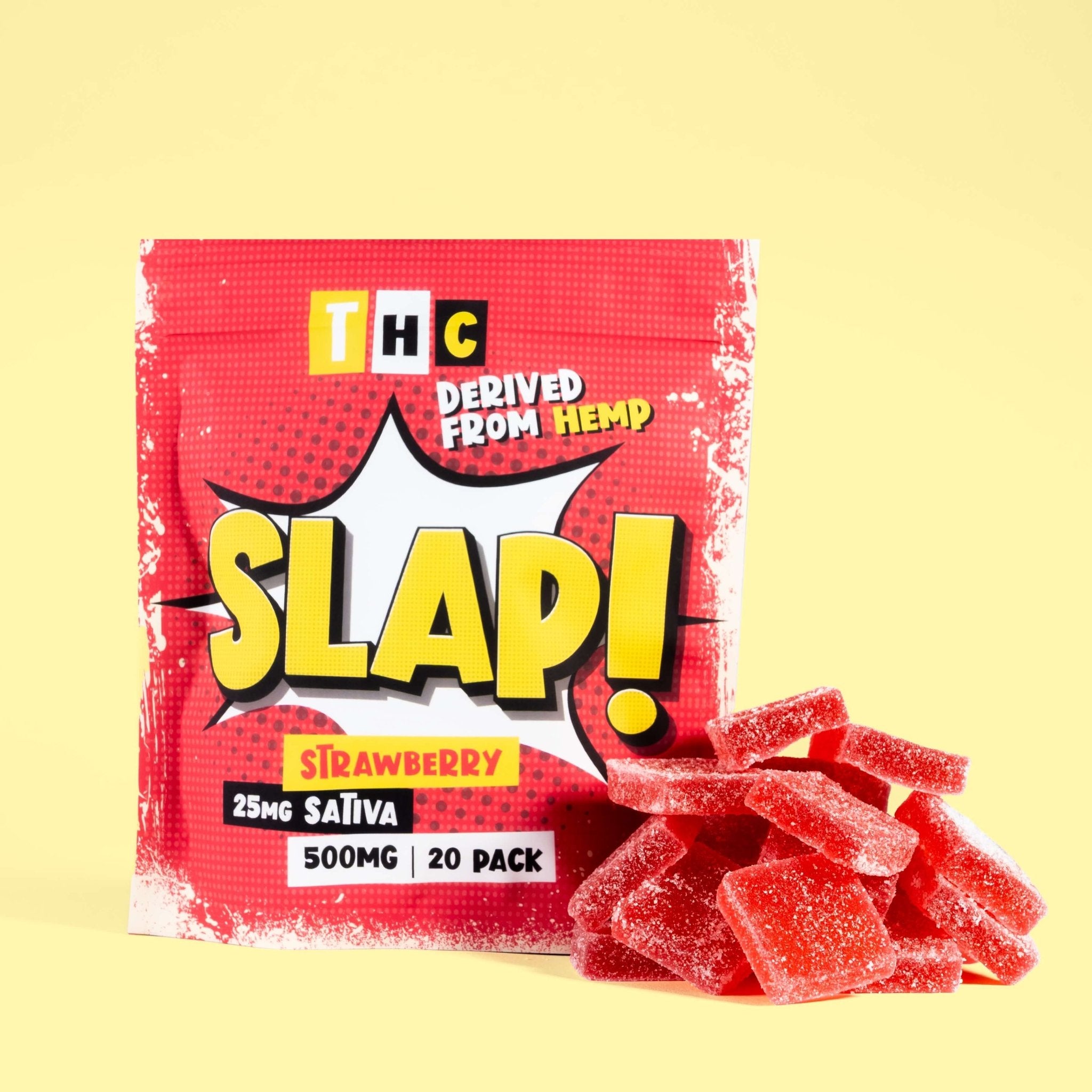 Slap! Strawberry Sativa THC Gummies | 25mg Each | 500mg Total | 20 Pack